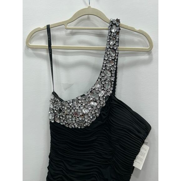 Scala Black Crystal Embellishments One-Shoulder Ruched Cocktail Dress Sz 8 FLAWS - Picture 4 of 16